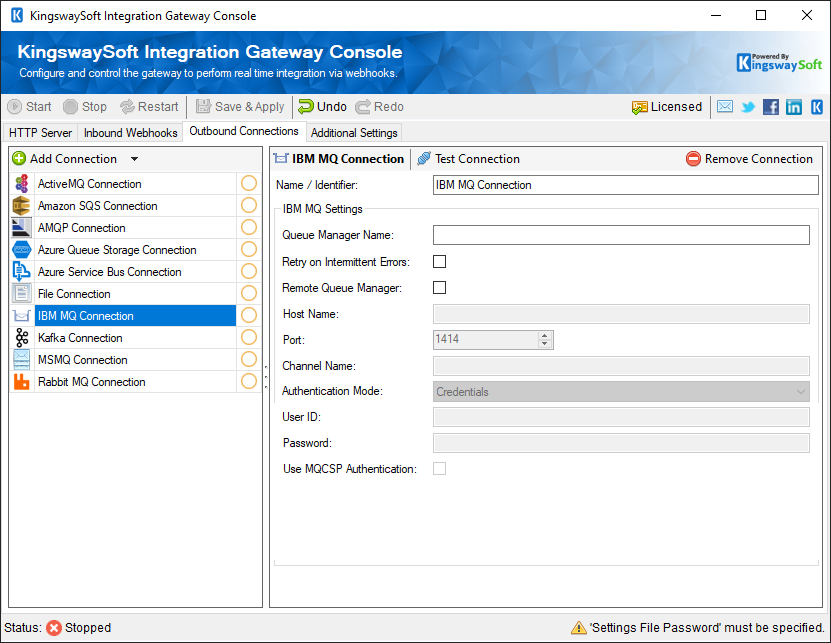 KingswaySoft Integration Gateway Console - Outbound Webhooks - IBM MQ Connection